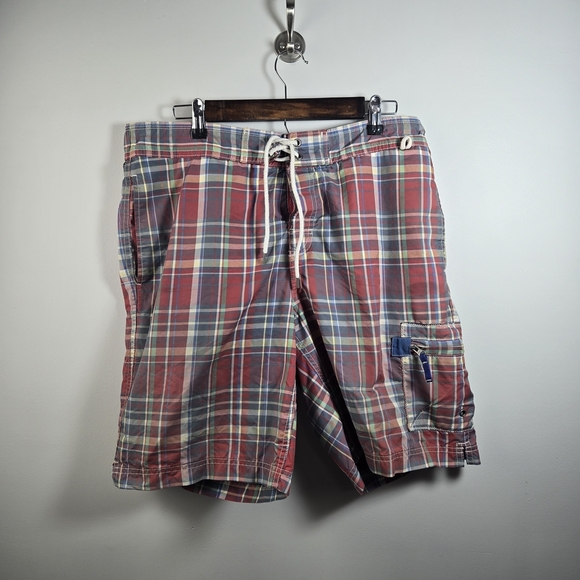 Lands' End Red Plaid Men's Swim Trunks - Picture 1 of 6